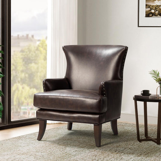 14 Karat Home Vegan Leather Accent Armchair, Upholstered Wingback with Nailhead Trim, Solid Wood Legs, Brown