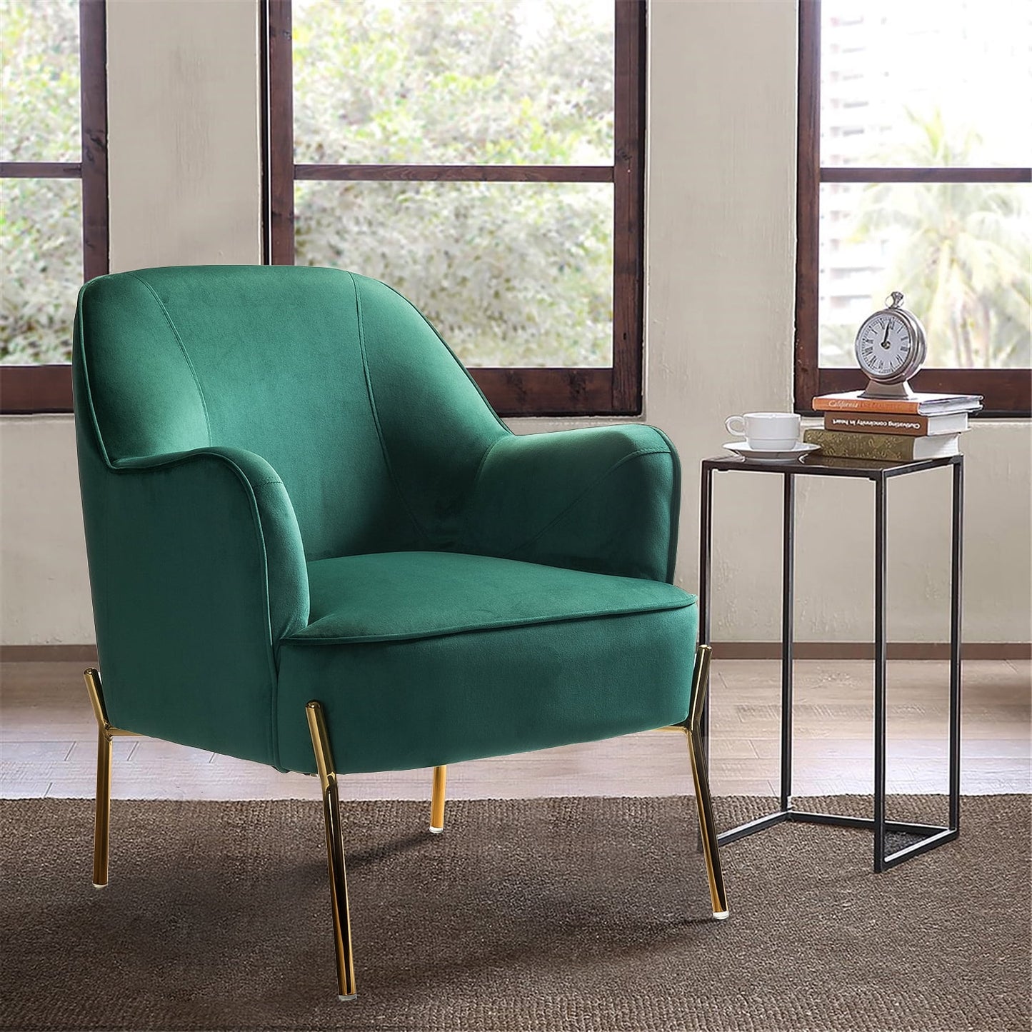 Velvet Upholstered Accent Chair Metal Legs Curved Backrest Lounge Home Armchair Bedroom Adult Green