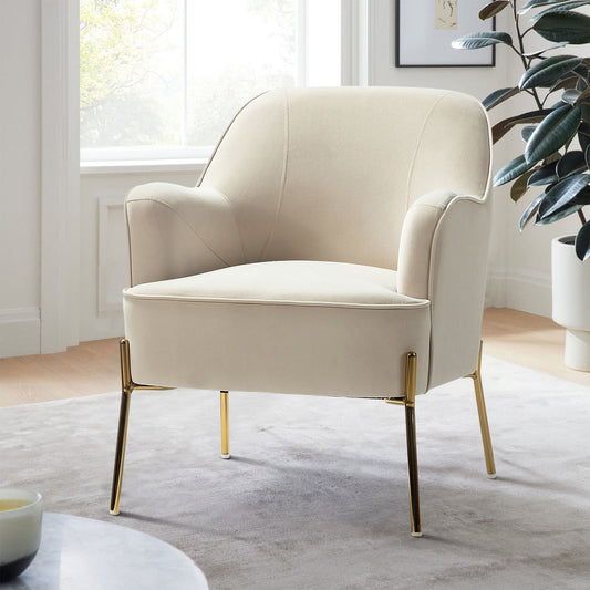 Velvet Upholstered Accent Chair Metal Legs Curved Backrest Lounge Home Armchair Bedroom Adult Tan