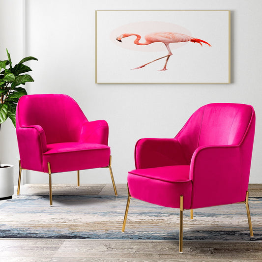 Velvet Upholstered Accent Chairs Set of 2 Metal Legs Curved Backrest Armchairs Bedroom Adult Fushia