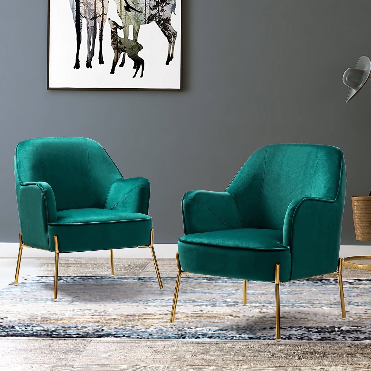 Velvet Upholstered Accent Chairs Set of 2 Metal Legs Curved Backrest Armchairs Bedroom Adult Green