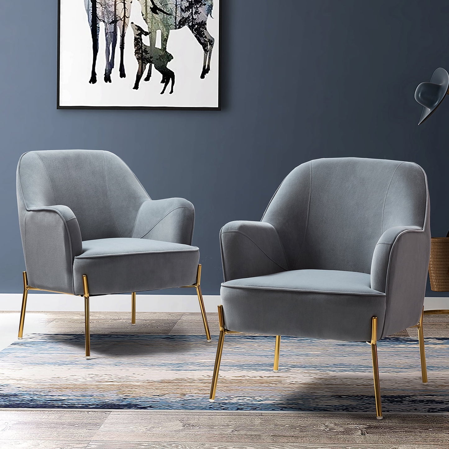 Velvet Upholstered Accent Chairs Set of 2 Metal Legs Curved Backrest Armchairs Bedroom Adult Grey