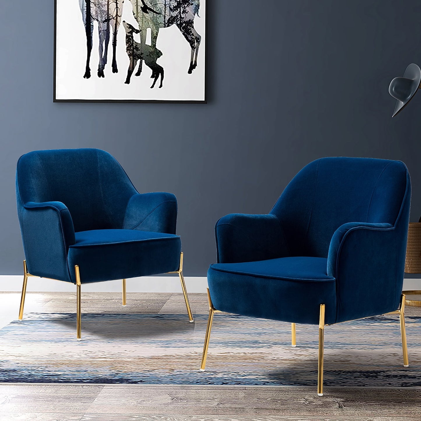 Velvet Upholstered Accent Chairs Set of 2 Metal Legs Curved Backrest Armchairs Bedroom Adult Navy