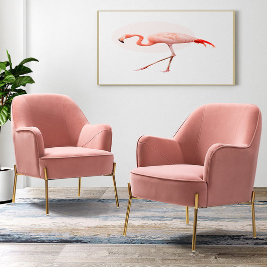 Velvet Upholstered Accent Chairs Set of 2 Metal Legs Curved Backrest Armchairs Bedroom Adult Pink
