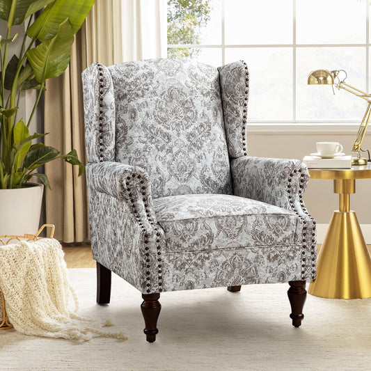 Wingback Accent Chair with Floral Pattern, Traditional Fabric Armchair Nailhead Trim Wooden Legs for Living Room Bedroom Beige