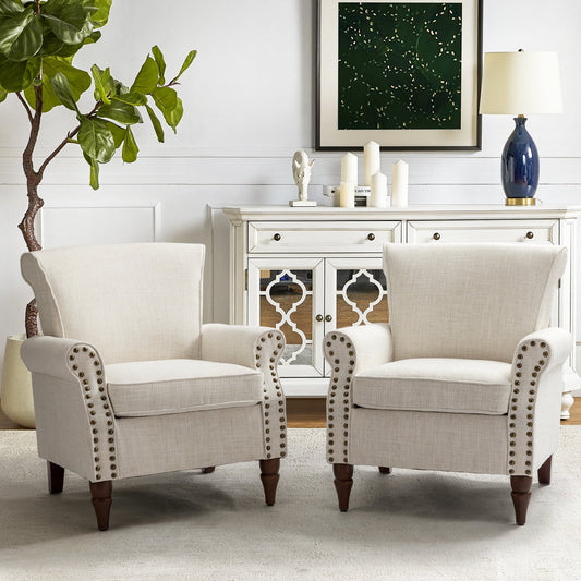 Wingback Accent Chairs Wood Legs Set of 2 Upholstered Sofa Armchairs Fabric Nailhead Trim Home Living Room Bedroom Ivory