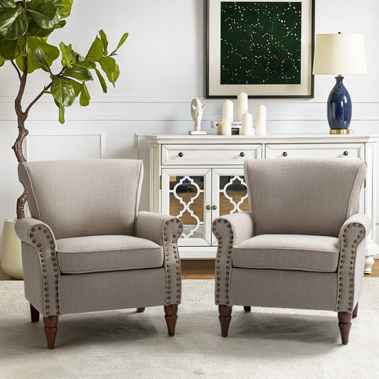 Wingback Accent Chairs Wood Legs Set of 2 Upholstered Sofa Armchairs Fabric Nailhead Trim Home Living Room Grey