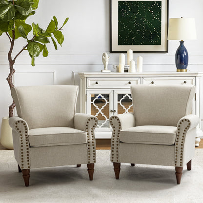 14 Karat Home Set of 2 Wingback Traditional Armchairs, Nailhead Trim, Oatmeal Fabric Upholstery & Wood Legs