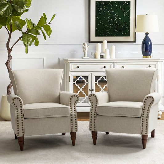 14 Karat Home Set of 2 Wingback Traditional Armchairs, Nailhead Trim, Oatmeal Fabric Upholstery & Wood Legs