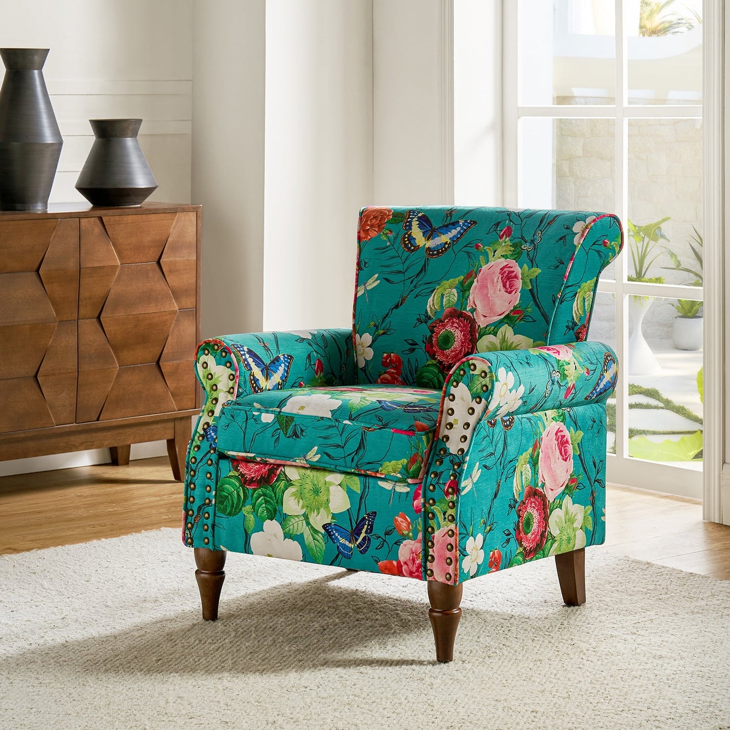 Wingback Armchair Removable Cushion Flower Butterfly Upholstered Sofa Home Accent Chair Couch Solid Wood Legs Blue