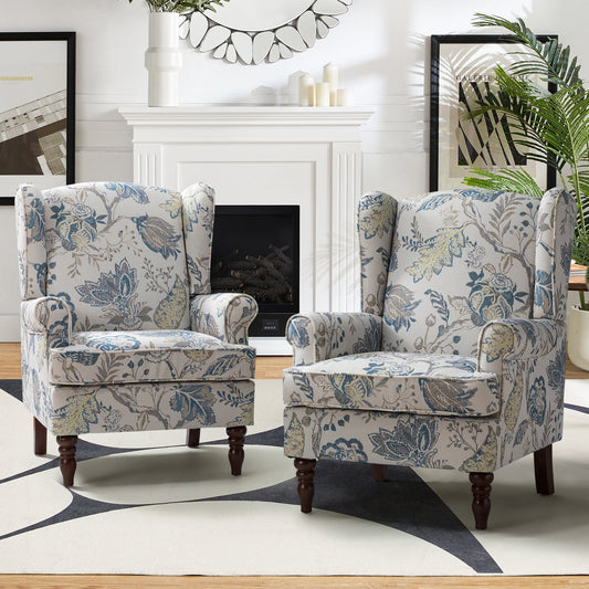 Wooden Upholstered Armchair Set of 2 Wingback High Back Accent chair for Home Living Room, Blue