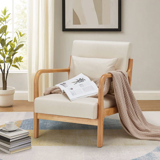 YODOLLA Fabric Accent Chair Mid-Century Modern Upholstered Arm Chair for Living Room in White