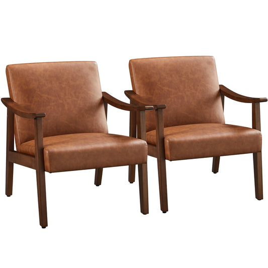 Yaheetech 2pcs Mid-Century Upholstered Faux Leather Armchair with Solid Wood Legs,Brown