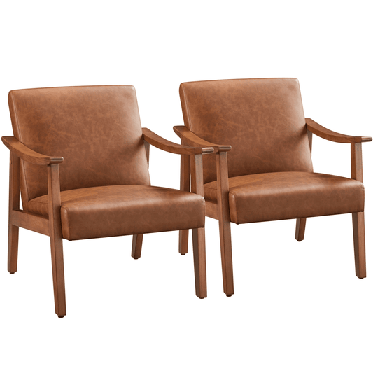 Yaheetech 2pcs Mid-Century Upholstered Faux Leather Armchair with Solid Wood Legs,Light Brown