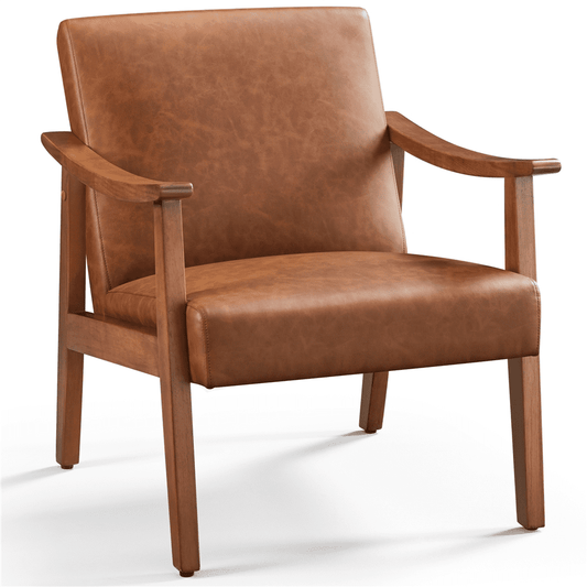 Yaheetech Accent Chair, Mid-Century Modern Upholstered Faux Leather, Solid Wood Legs, Light Brown