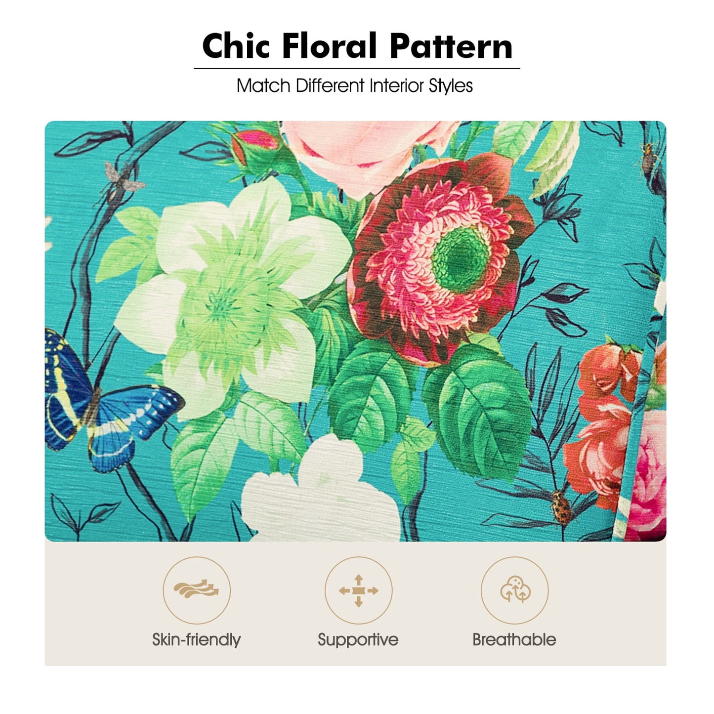 Wingback Armchair Removable Cushion Flower Butterfly Upholstered Sofa Home Accent Chair Couch Solid Wood Legs Blue