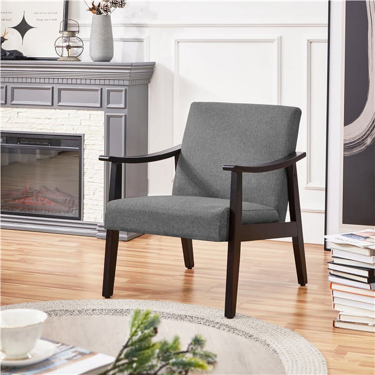 Yaheetech Modern Fabric Accent Armchair with Rubber Wood Legs, Dark Gray