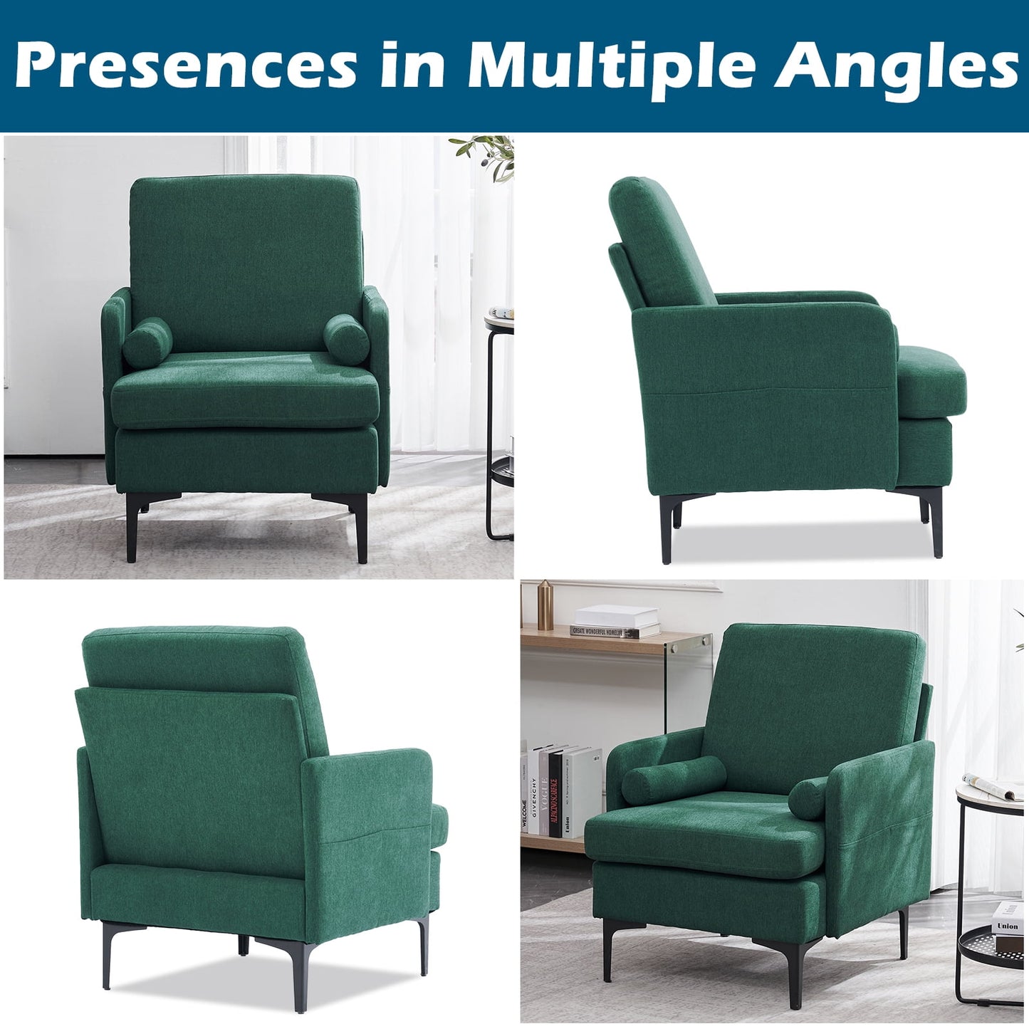 VINGLI Extra Wide Deep Accent Chair Set of 2, Emerald Green Mid Century Chair Reading Chair Sofa Chair with Side Pocket for Living Room/Bedroom