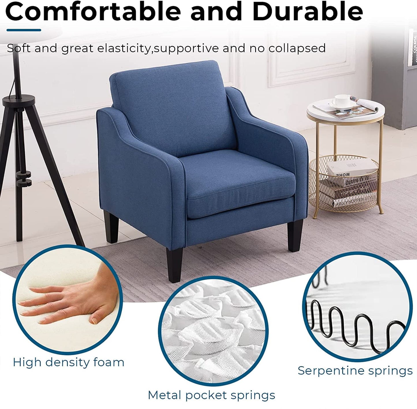 VINGLI Modern Accent Chairs Set of 2,Comfy Blue Armchair for Bedroom,Living Room Upholstered Sofa Chair Reading Chair for Small Spaces