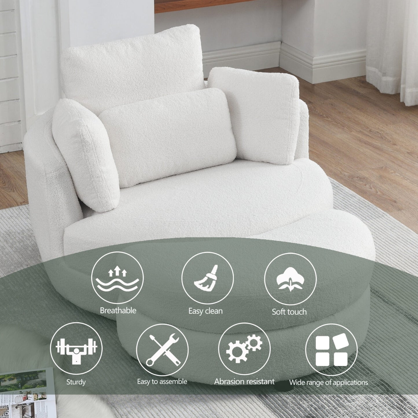 39inW Oversized Swivel Chair with Storage Ottoman and 4 Pillows, Swivel Barrel Chair for Living Room,Round Teddy Fabric Modern Accent Round Loveseat, Armchair Sofa Lounger for Bedroom,Grey Teddy