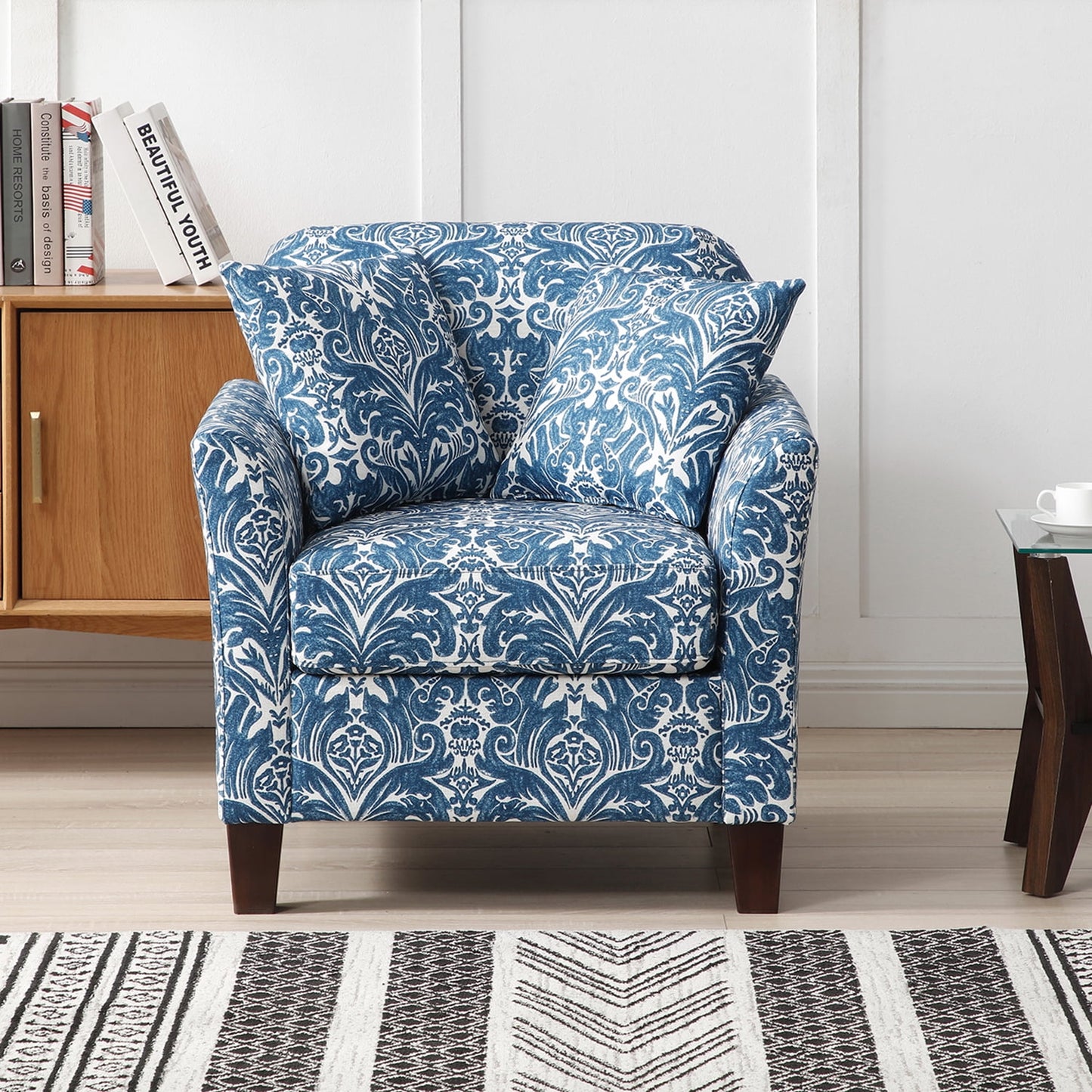 Accent Chair Upholstered Armchair with 2 Throw Lumbar Pillows Fabric Club Lounge Sofa Wood Leg Living Bedroom Home Office Indigo