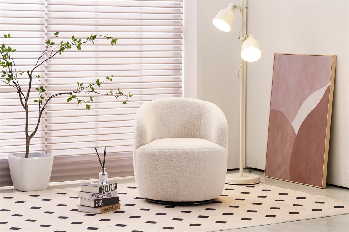 360?¡Þ Swivel Teddy Barrel Chair, Tufted-Back Armchair for Living Room, Bedroom - Ivory