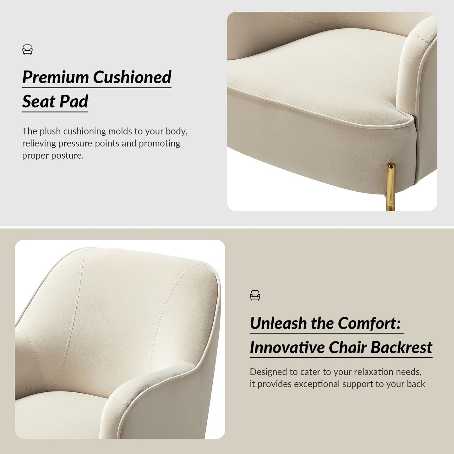 Velvet Upholstered Accent Chairs Set of 2 Metal Legs Curved Backrest Armchairs Bedroom Adult Tan