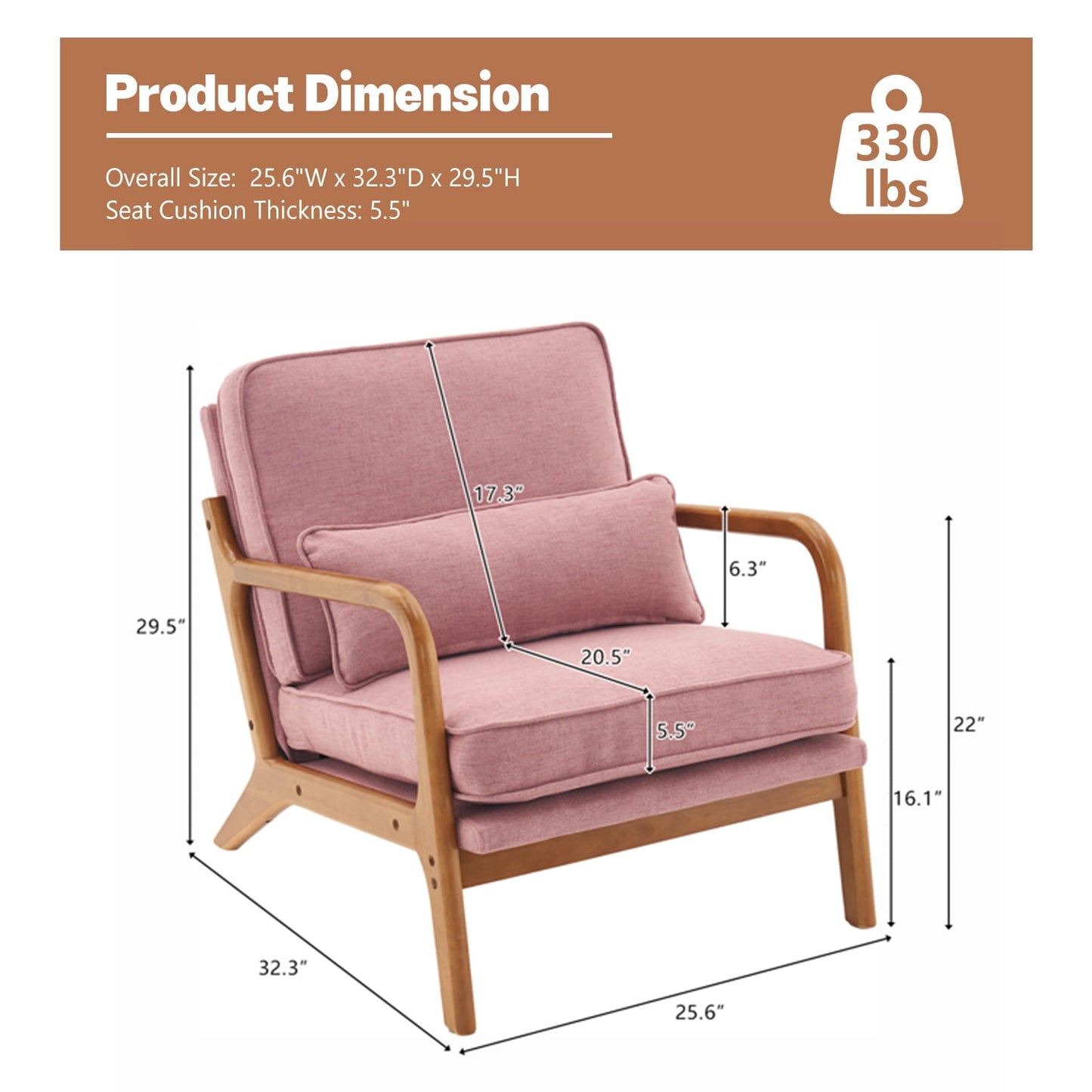 Accent Chairs, Single Linen Lounge Reading Armchair with Solid Wood Frame, Mid Century Modern Easy Assembly Arm Chairs for Living Room-Pink