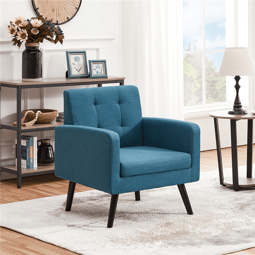 Alden Design Modern Tufted Accent Arm Chair with Rubber Wood Leg for Living Room, Navy Blue