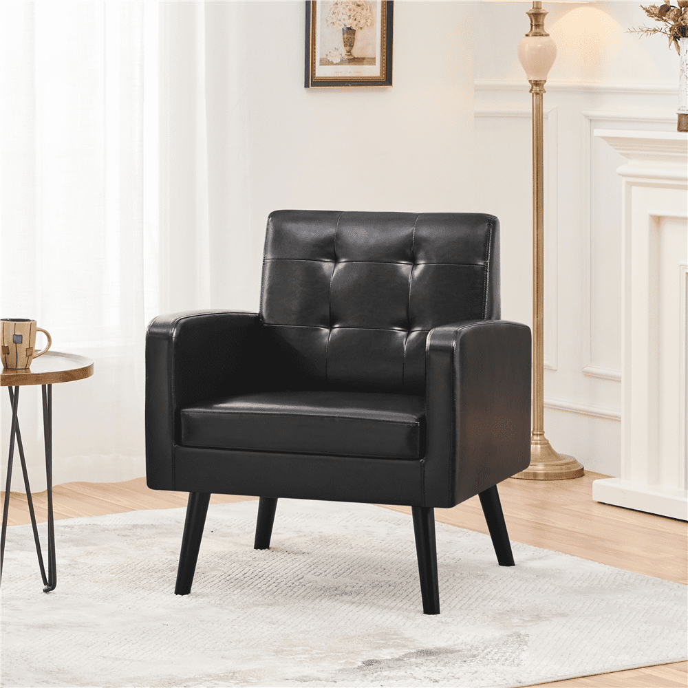 Alden Design Mid Century Faux Leather Tufted Accent Chair for Living Room, Black