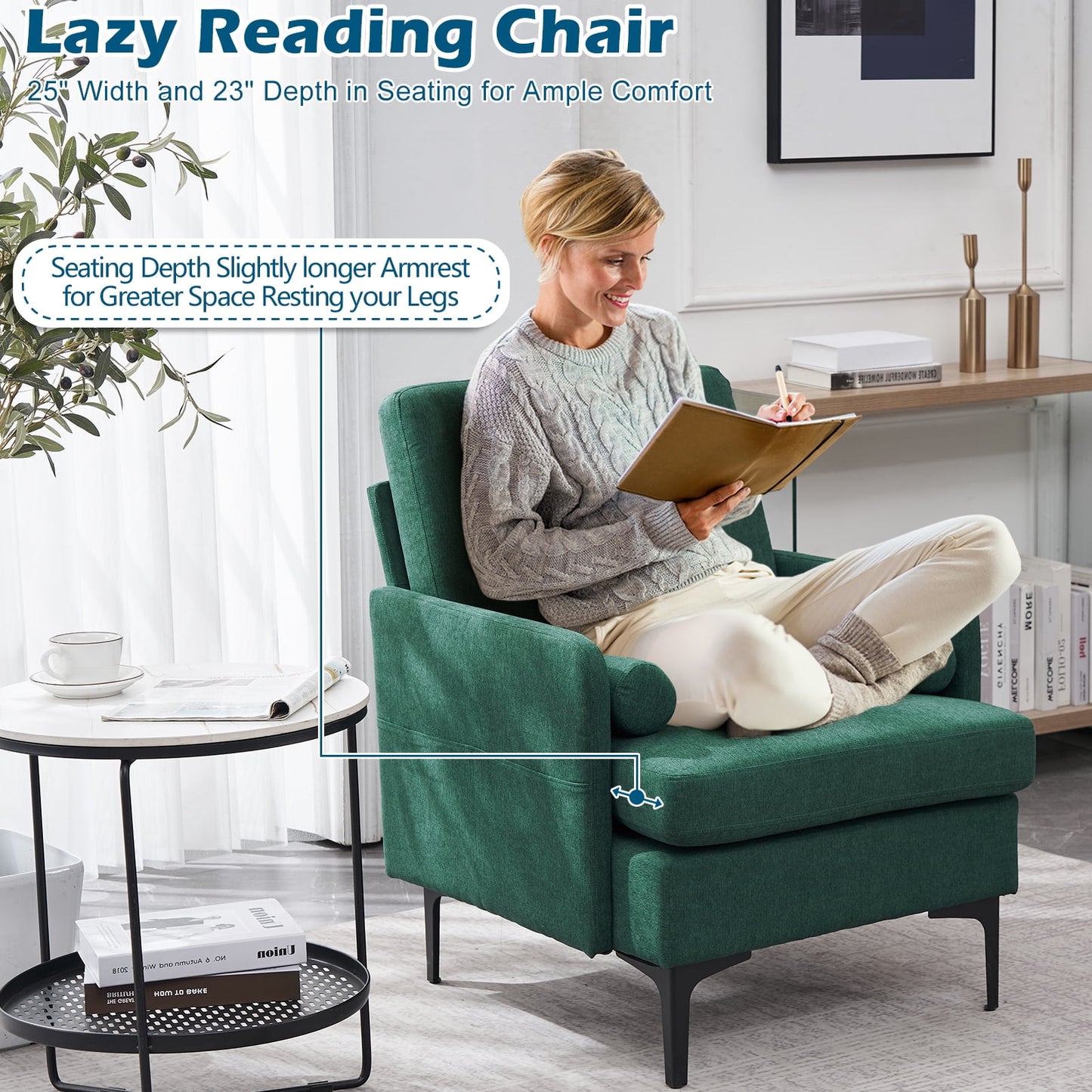 VINGLI Extra Wide Deep Accent Chair, Emerald Green Mid Century Chair Reading Chair Sofa Chair with Side Pocket for Living Room