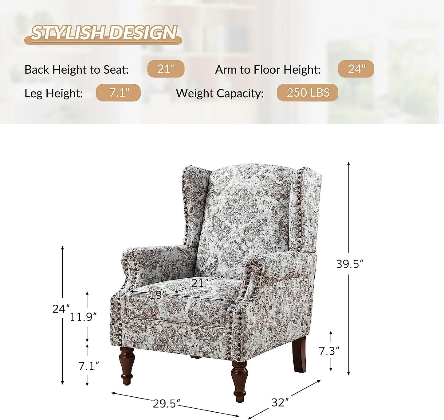 Wingback Accent Chair with Floral Pattern, Traditional Fabric Armchair Nailhead Trim Wooden Legs for Living Room Bedroom Beige
