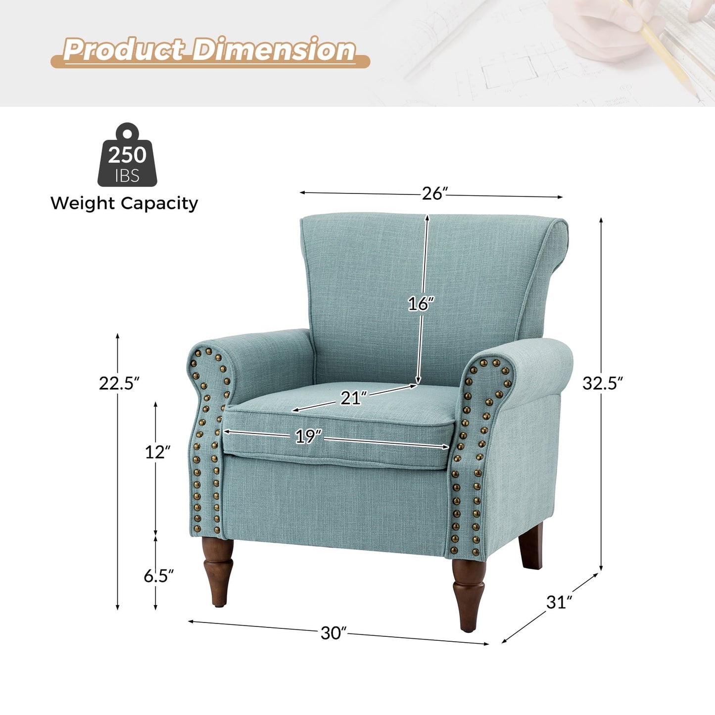 Wingback Accent Chairs Wood Legs Set of 2 Upholstered Sofa Armchairs Fabric Nailhead Trim Home Living Room Bedroom Blue