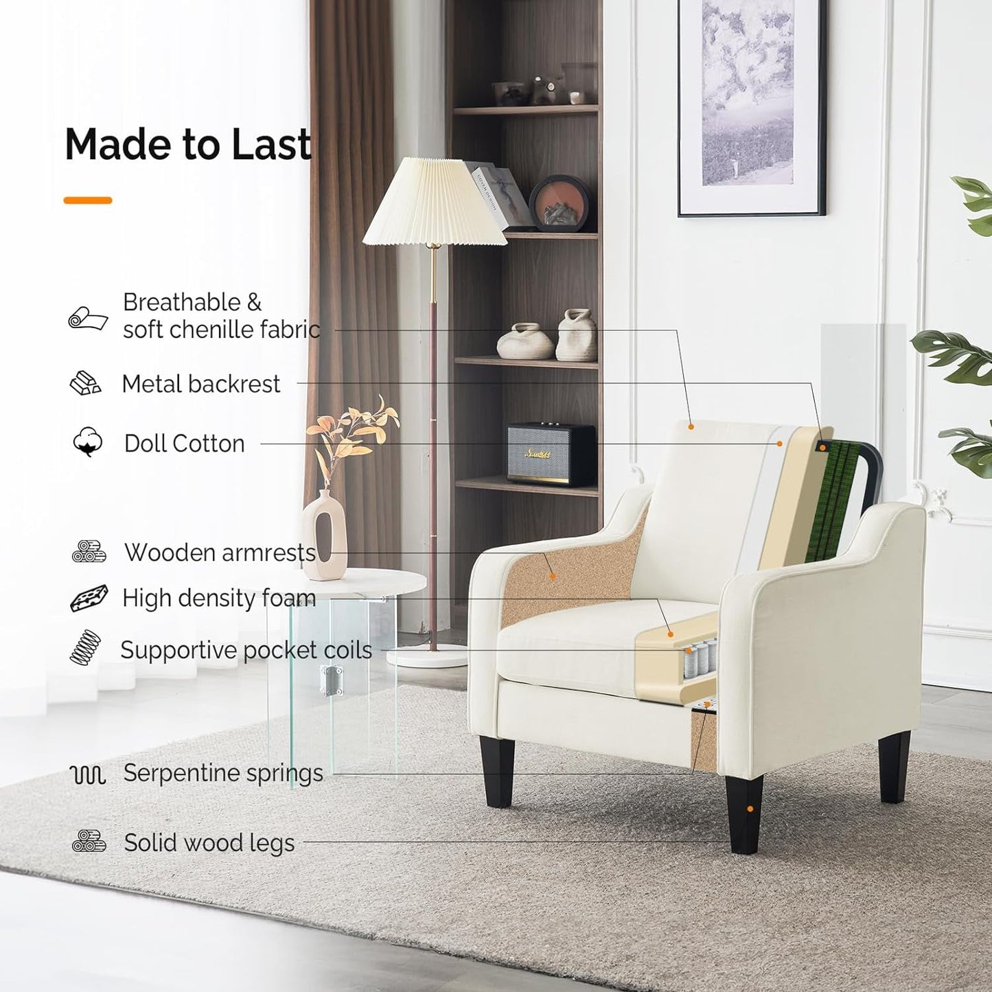 VINGLI Living Room Chairs White Accent Chair Soft Chenille Comfy Arm Chair Mid Century Modern Sofa Chair for Small Spaces Bedroom, Home Offfice, Apartment, Lounge