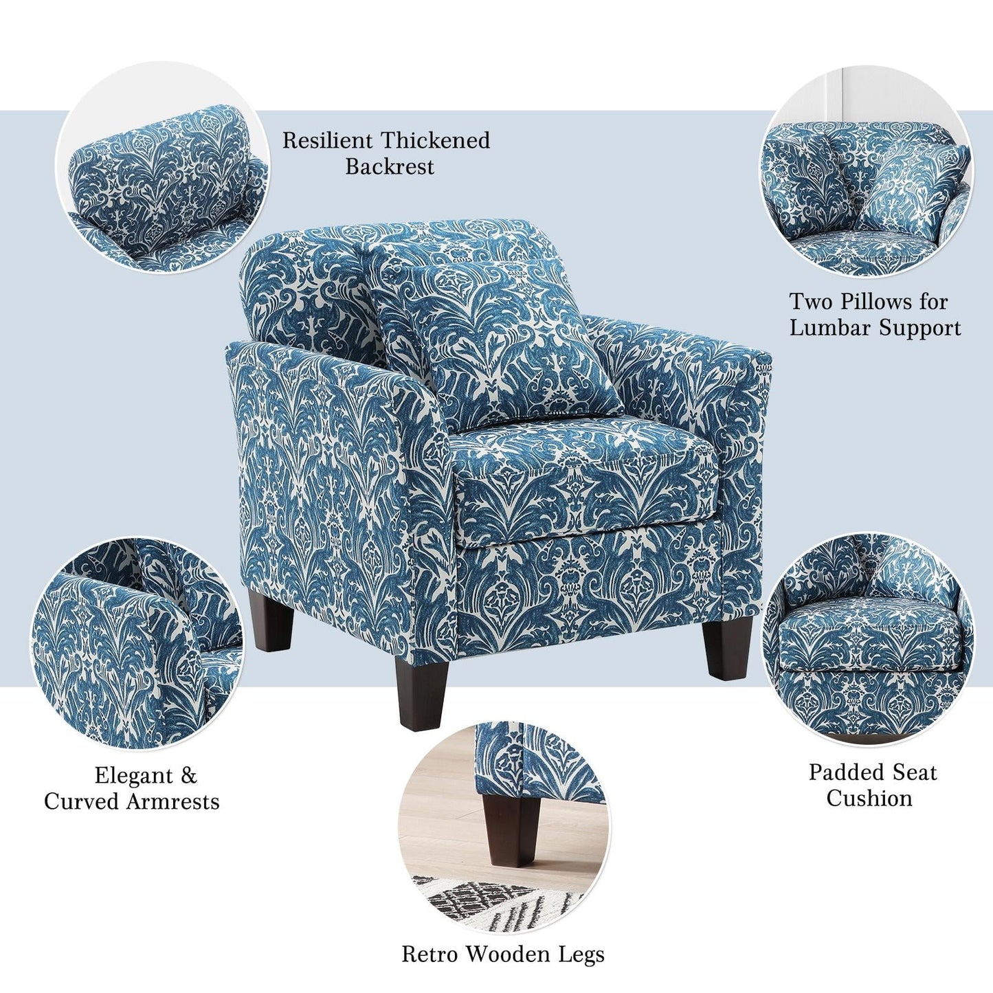 Accent Chair Upholstered Armchair with 2 Throw Lumbar Pillows Fabric Club Lounge Sofa Wood Leg Living Bedroom Home Office Indigo
