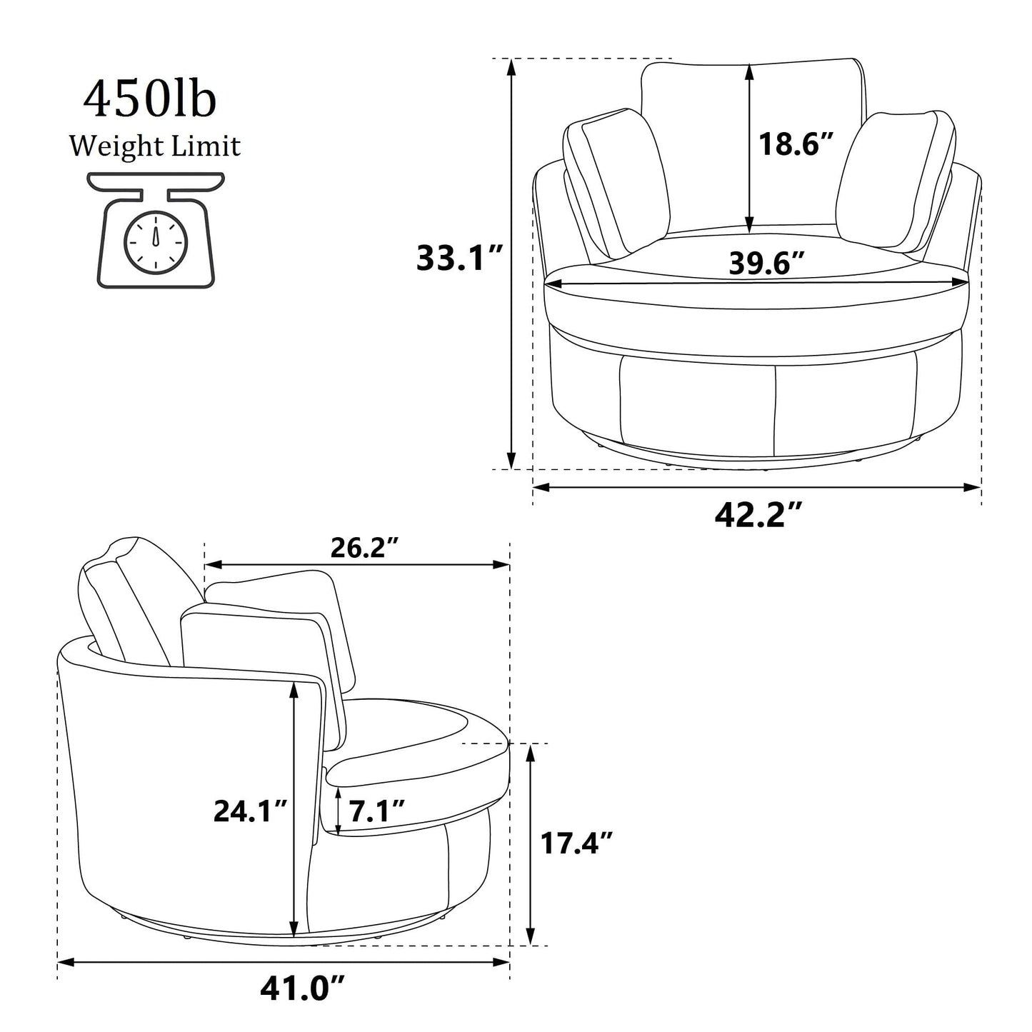 Aukfa 42in Oversized Swivel Accent Chair Barrel Chair w/ 3 Pillows for Living Room, Chenille, Gray