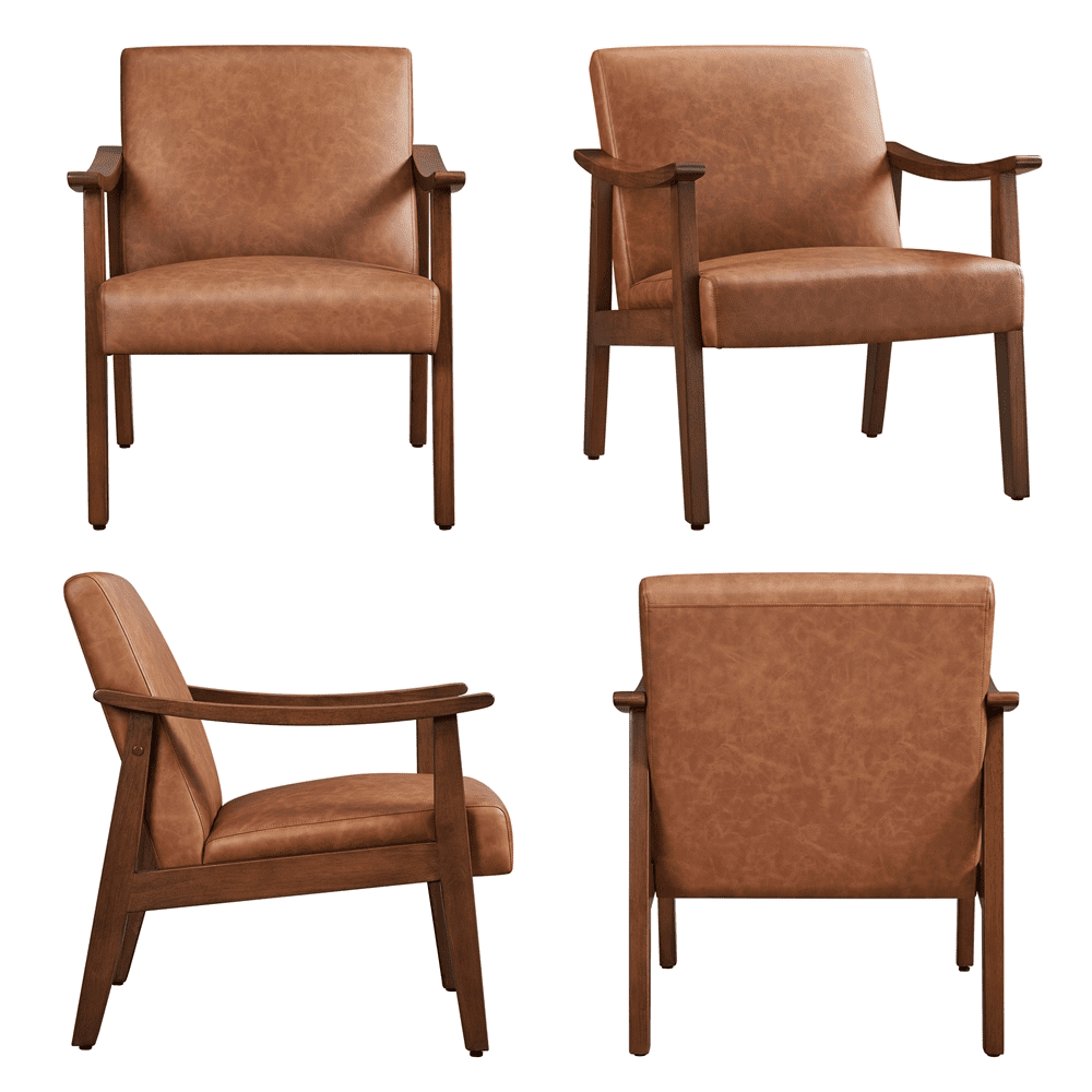 Alden Design Mid-Century Modern Accent Chair with Wooden Frame, Warm Brown Faux Leather
