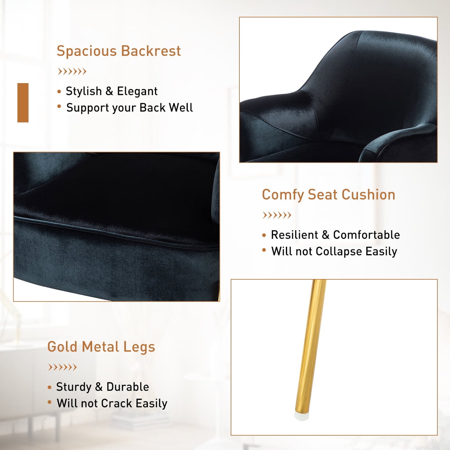 Velvet Upholstered Accent Chairs Set of 2 Metal Legs Curved Backrest Armchairs Bedroom Adult Black