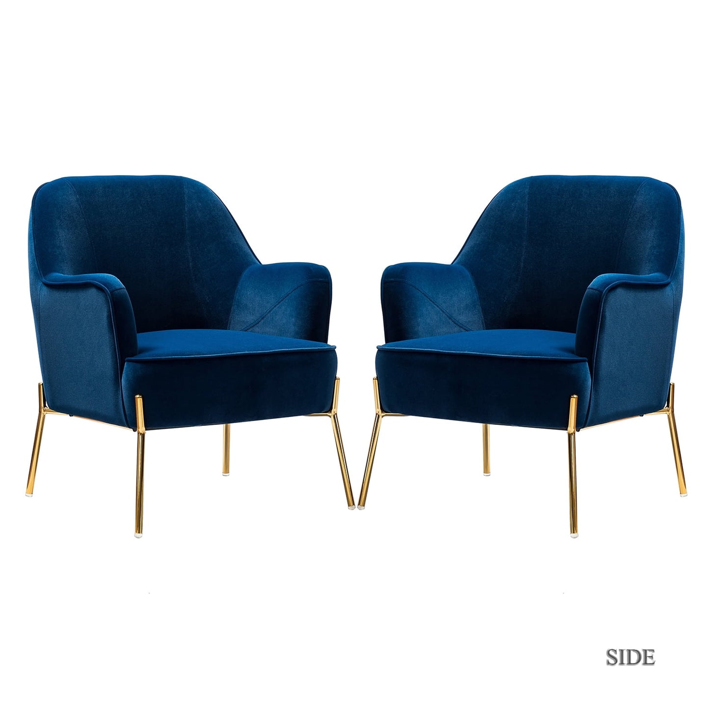 Velvet Upholstered Accent Chairs Set of 2 Metal Legs Curved Backrest Armchairs Bedroom Adult Navy