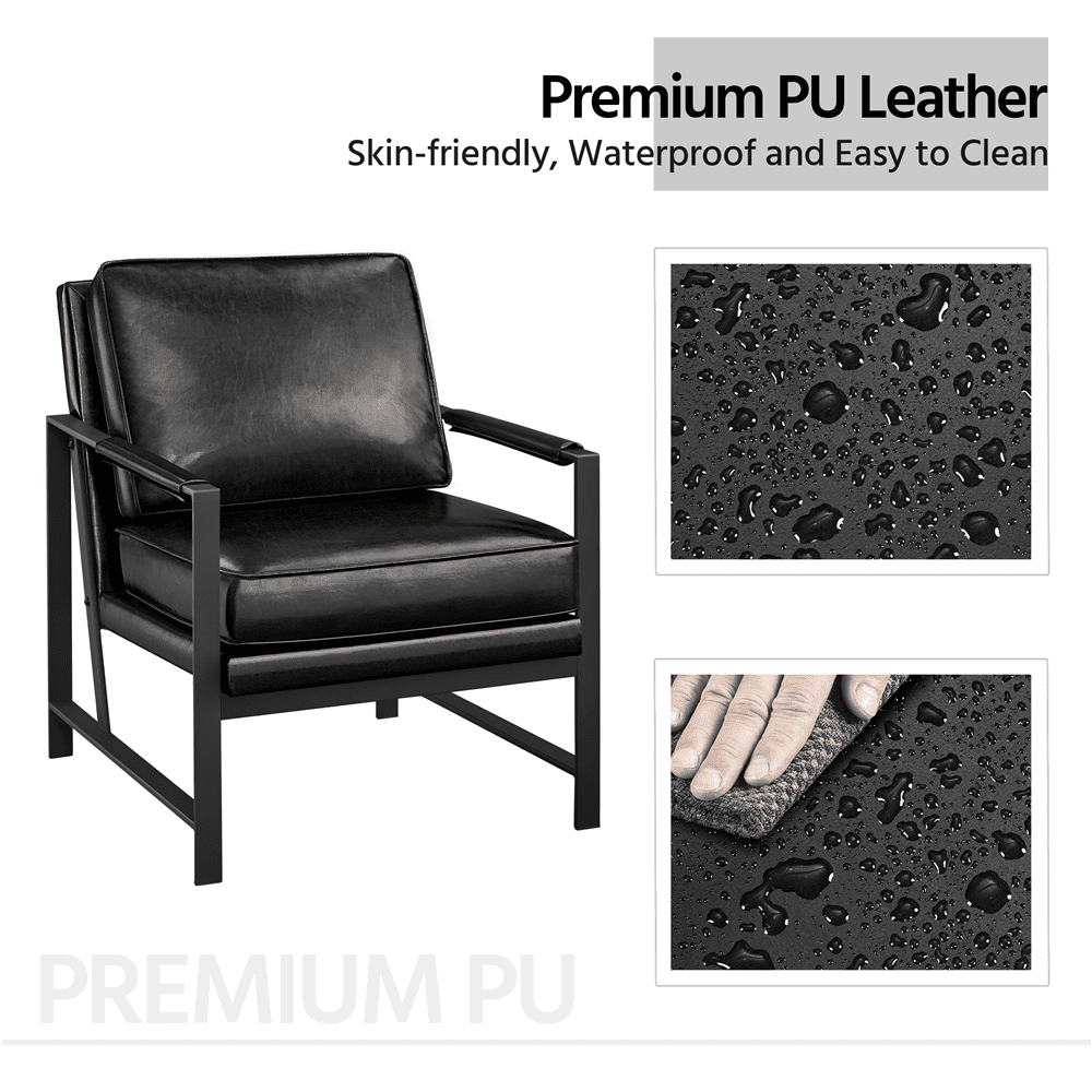 Alden Design Mid-Centyry Modern Accent Chair with Metal Frame, Black Faux Leather