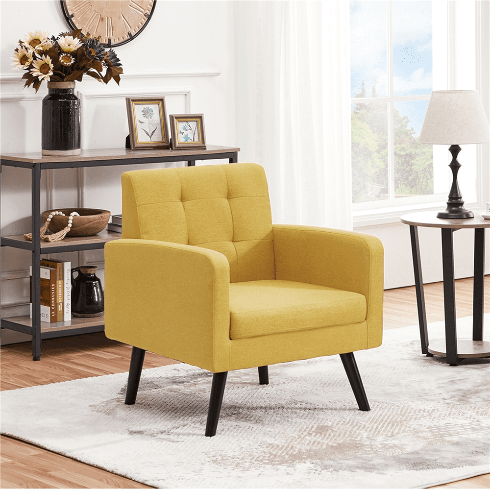Alden Design Modern Tufted Accent Arm Chair with Rubber Wood Leg for Living Room, Yellow