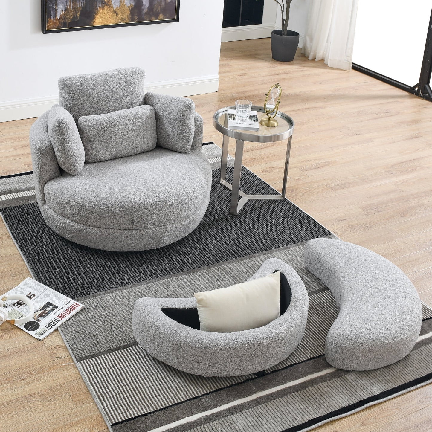 39inW Oversized Swivel Chair with Storage Ottoman and 4 Pillows, Swivel Barrel Chair for Living Room,Round Teddy Fabric Modern Accent Round Loveseat, Armchair Sofa Lounger for Bedroom,Grey Teddy