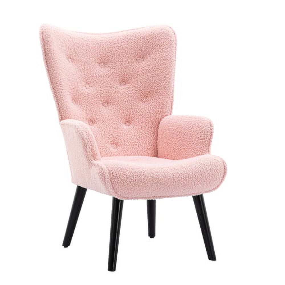 Accent Chair Tufted Button Wingback Reading Sofa Chair with Arms Upholstered Tall Back Teddy Fleece Fabric Desk Chair with Solid Wood Legs for Living Room Bedroom Waiting Room