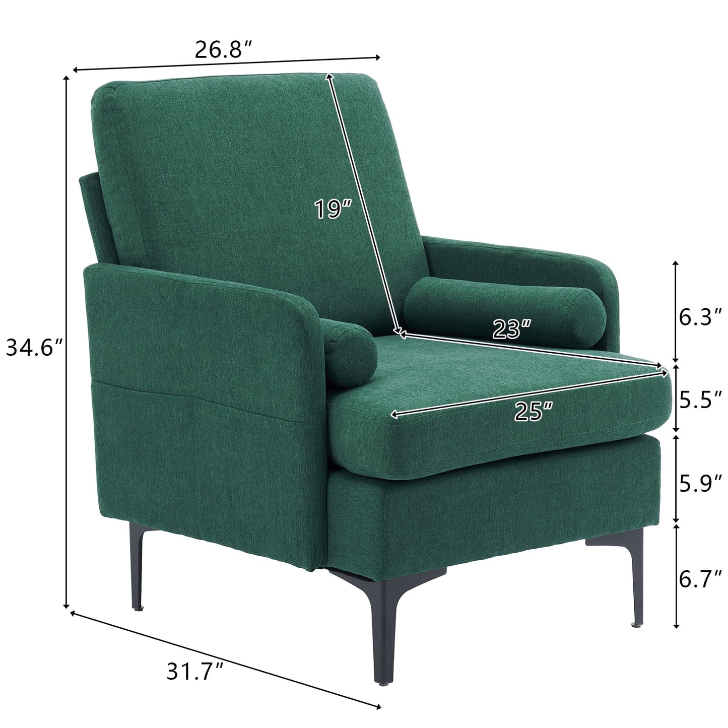VINGLI Extra Wide Deep Accent Chair Set of 2, Emerald Green Mid Century Chair Reading Chair Sofa Chair with Side Pocket for Living Room/Bedroom