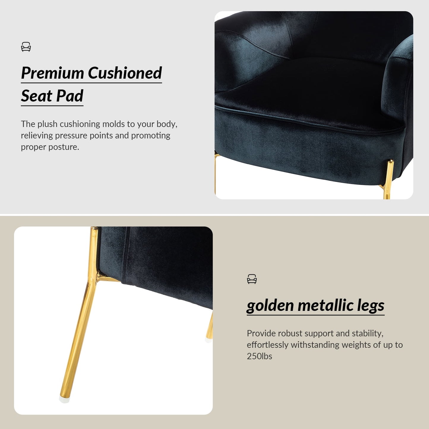 Velvet Upholstered Accent Chairs Set of 2 Metal Legs Curved Backrest Armchairs Bedroom Adult Black