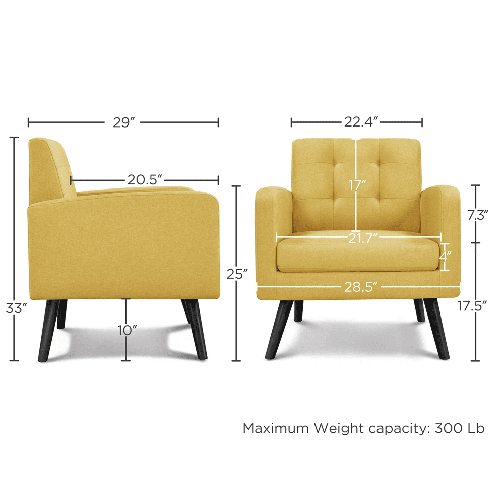 Alden Design Modern Tufted Accent Arm Chair with Rubber Wood Leg for Living Room, Yellow