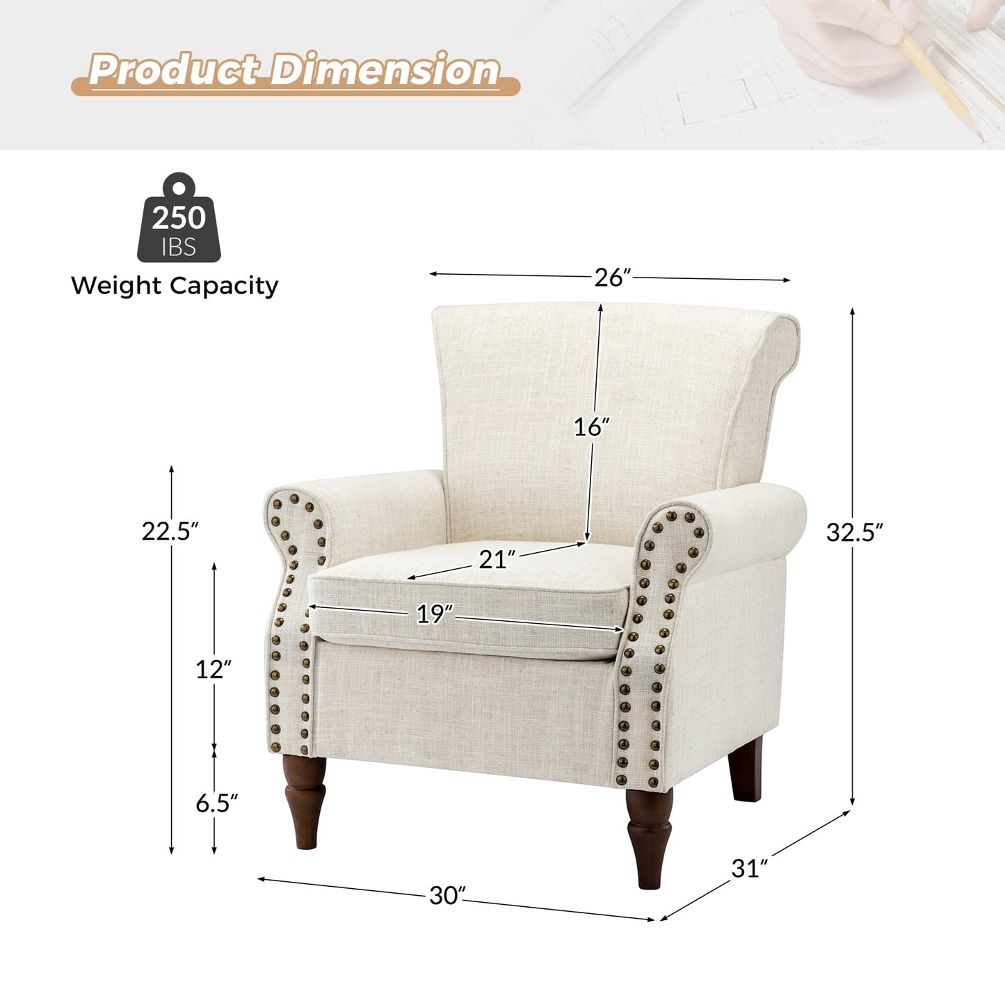 Wingback Accent Chairs Wood Legs Set of 2 Upholstered Sofa Armchairs Fabric Nailhead Trim Home Living Room Bedroom Ivory