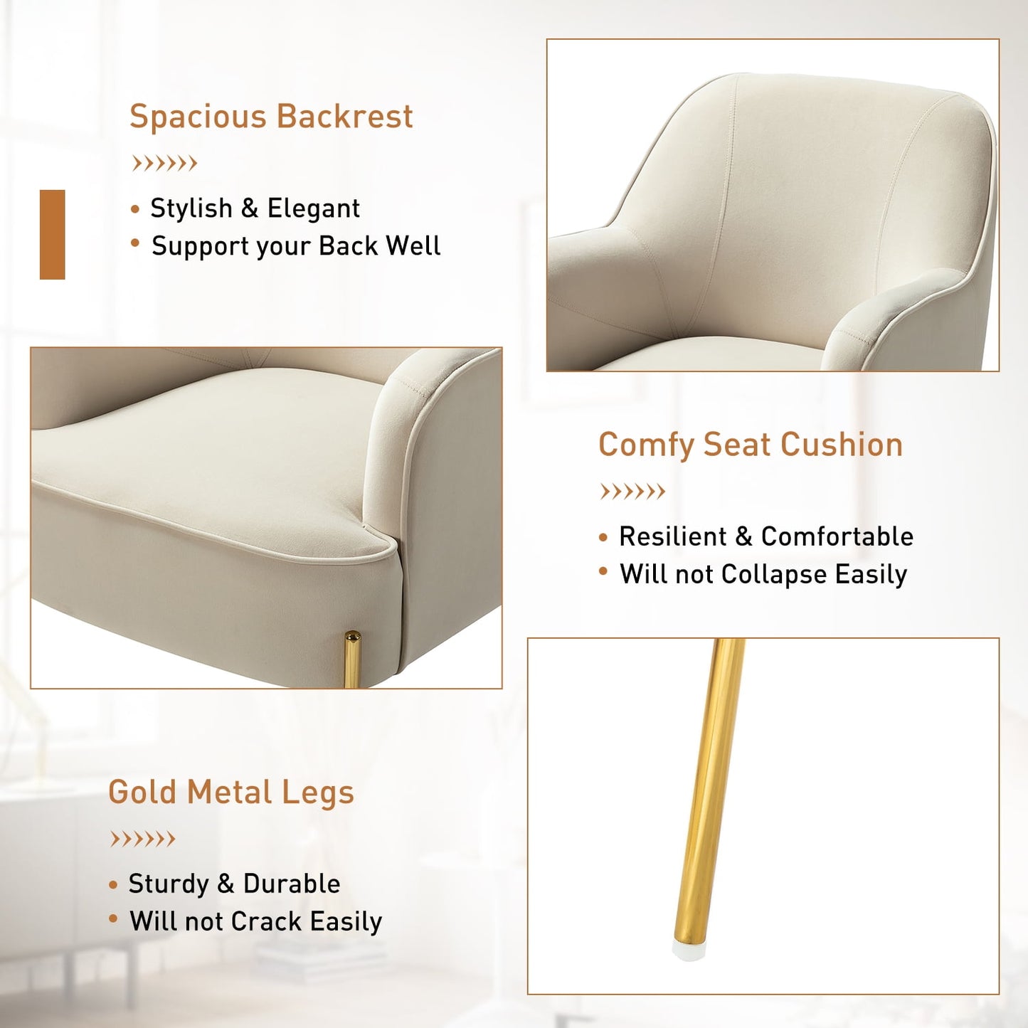 Velvet Upholstered Accent Chairs Set of 2 Metal Legs Curved Backrest Armchairs Bedroom Adult Tan