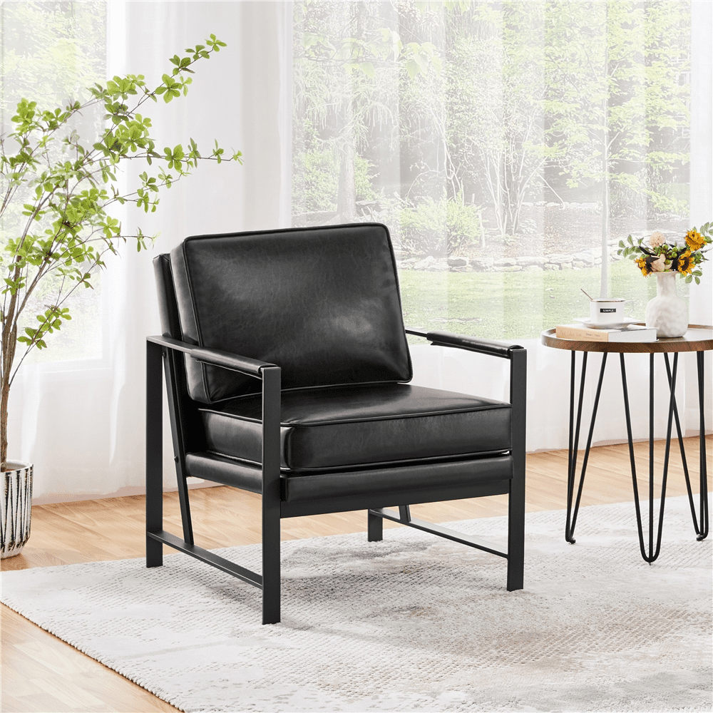 Alden Design Mid-Centyry Modern Accent Chair with Metal Frame, Black Faux Leather
