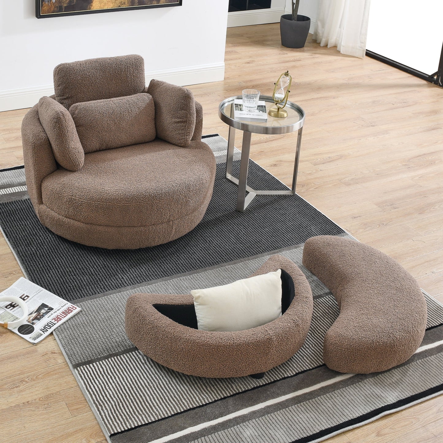 39inW Oversized Swivel Chair with Storage Ottoman and 4 Pillows, Swivel Barrel Chair for Living Room,Round Teddy Fabric Modern Accent Round Loveseat, Armchair Sofa Lounger for Bedroom,Grey Teddy